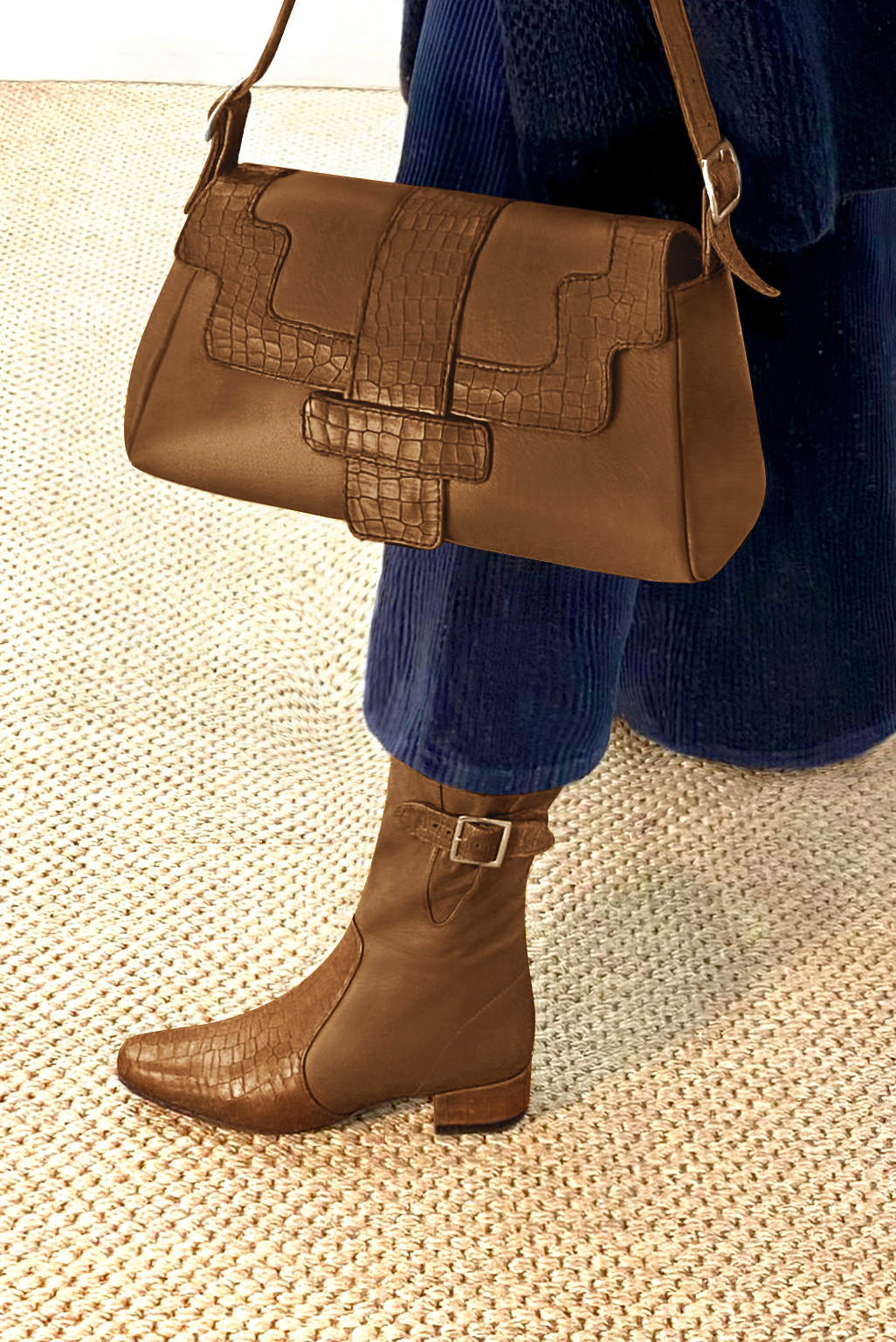 Caramel brown women's ankle boots with buckles on the sides. Round toe. Low block heels. Top view - Florence KOOIJMAN